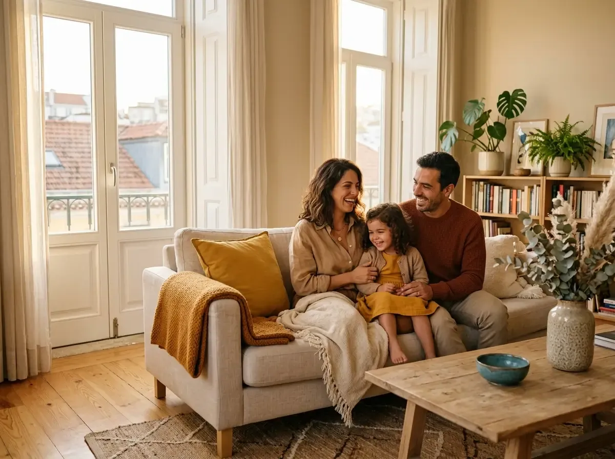 Pai, mãe e filha a rir no sofá da sala, numa casa luminosa com vista para os telhados da cidade