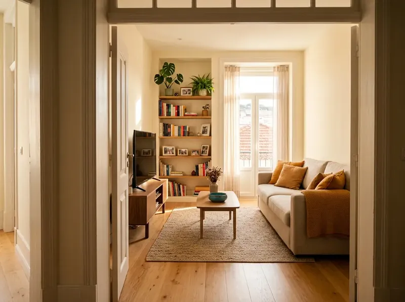 Sala de estar com sofá, estante com livros, televisão e tapete, vista a partir do corredor
